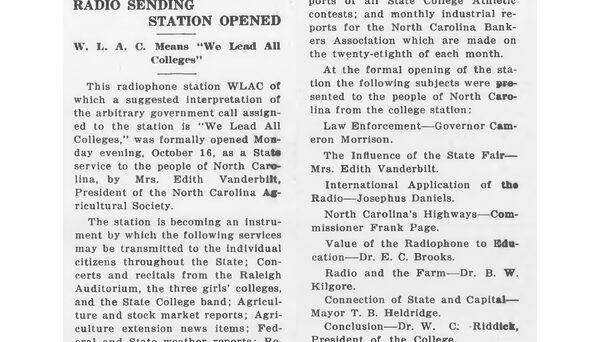 Newspaper article titled "Radio Sending Station Opened" as published in Nov. 3, 1921 Technician.