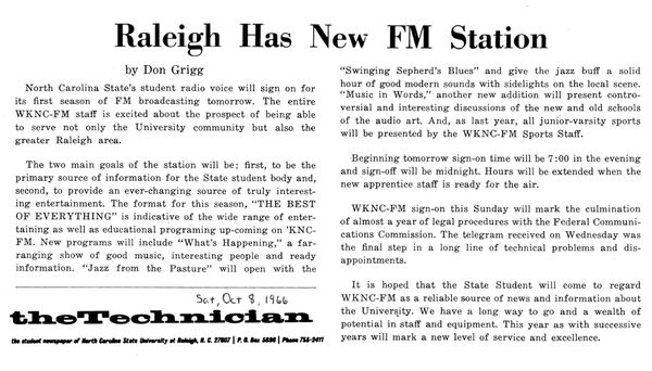 WKNC signed on at 88.1 FM on Oct. 9, 1966. Article from Oct. 8, 1966 Technician.