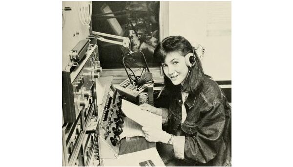 Katie van Leuven in the WKNC news room. Photo from 1987 Agromeck by Mark S. Inman.
