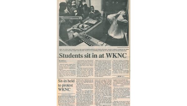 Around 65 students staged a sit-in at the WKNC studios to protest for more hours for urban music programming. Article published in Nov. 18, 1992 Technician.