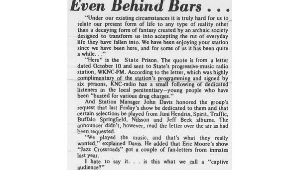 WKNC has always been popular in Central Prison, located about two miles from the station down Western Boulevard. Article published in Oct. 22, 1969 Technician.