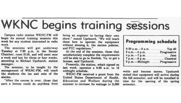 Article published in Sept. 8, 1975 Technician outlining the WKNC training process. A formal announcer training program dates back to at least 1959.