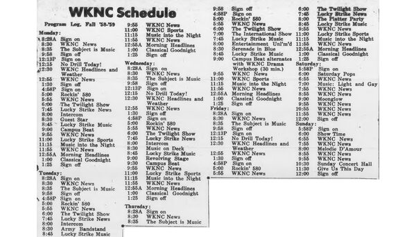 Program schedule published in Oct. 16, 1958 Technician. The station signed on and off several times throughout the weekday.
