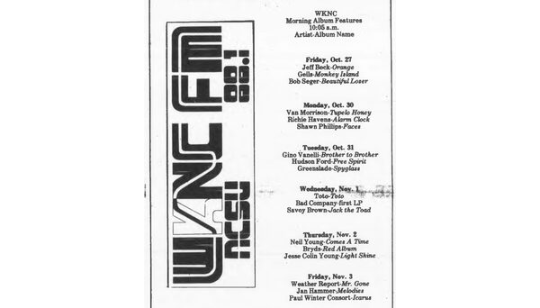 WKNC's new progressive rock format featured a two-hour album feature every weekday. Schedule published in Oct. 27, 1978 Technician.