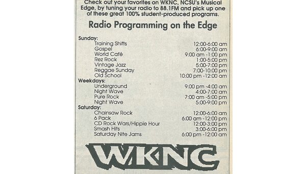 WKNC program schedule published in Aug. 24, 1994 Technician.