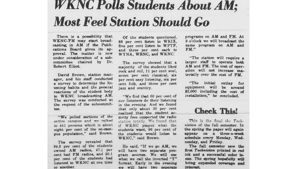 Article published in Jan. 8, 1968 Technician detailing while 95% of students had AM radios, less than half owned an FM radio to listen to WKNC 88.1.