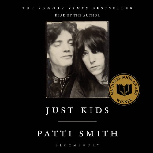 Just Kids book cover, Patti Smith and Robert Mapplethorpe polaroid against black background.