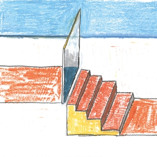 Crayon image of a mirror and stairs, "Fresh Air' Album cover