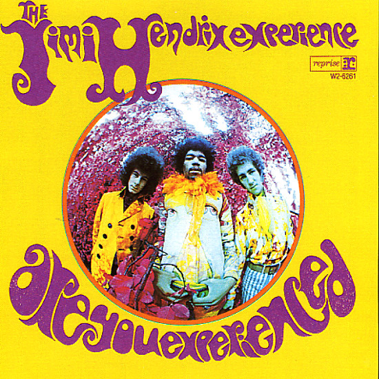 "Are You Experienced" Album Cover, Jimi Hendrix Band in fish eye lens with yellow background