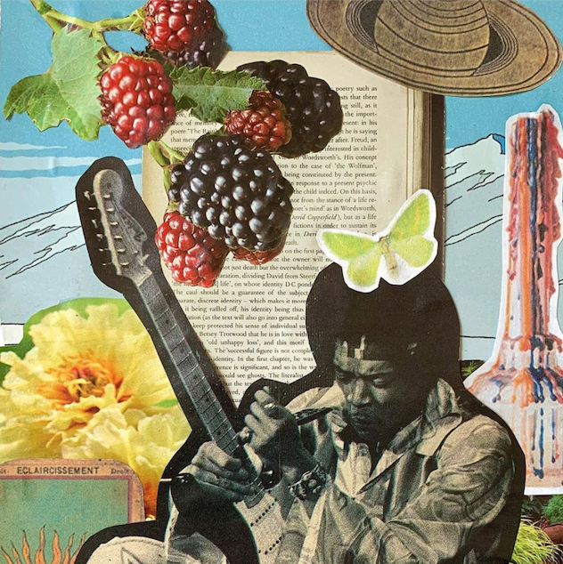 Collage with Jimi Hendrix, raspberries, butterflies, flowers, and a book
