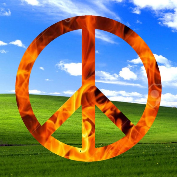 An album cover with a fiery peace sign over a green field