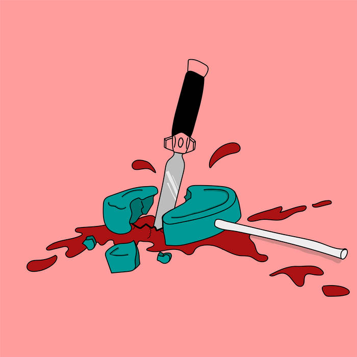 Graphic with a knife splitting through a lollipop.
