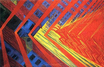 A painting in the style of modernism with an angular wash of red and blue colors forming an imposing pattern