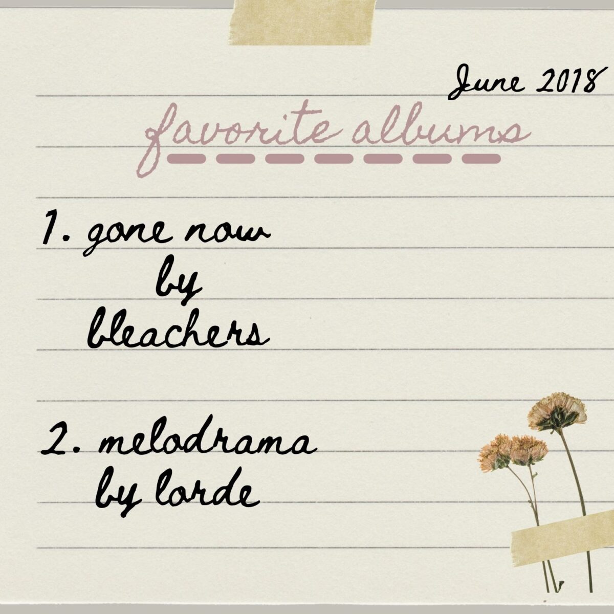 Favorite Albums, dated June 2018, 1. gone now by bleachers 2. melodrama by lorde