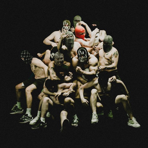 Cover for the "Sadism" single. A large group of half-naked men with tattoos in ski masks piling on top of each other