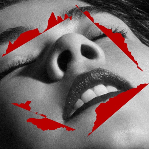 Cover art for "The Only Heartbreaker" by Mitski. Black and white photo of Mitski with digitally imposed red slashed surrounding her face.