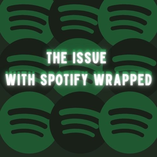Spotify logo layered over itself 9 times evenly spaced. Glowing green text that reads: The Issue with Spotify Wrapped