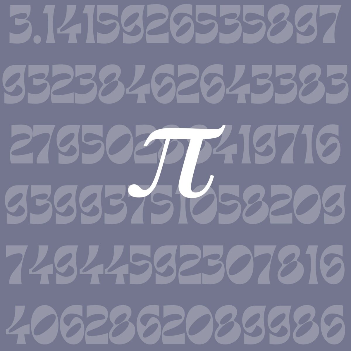 Purple background with grey text that features the first couple dozen digits of pi. Then, the symbol for pi in the center of the image in white.