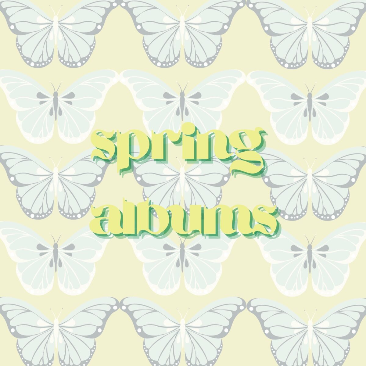 Butterflies against a pale green background. Non-serifed text that reads "spring albums."