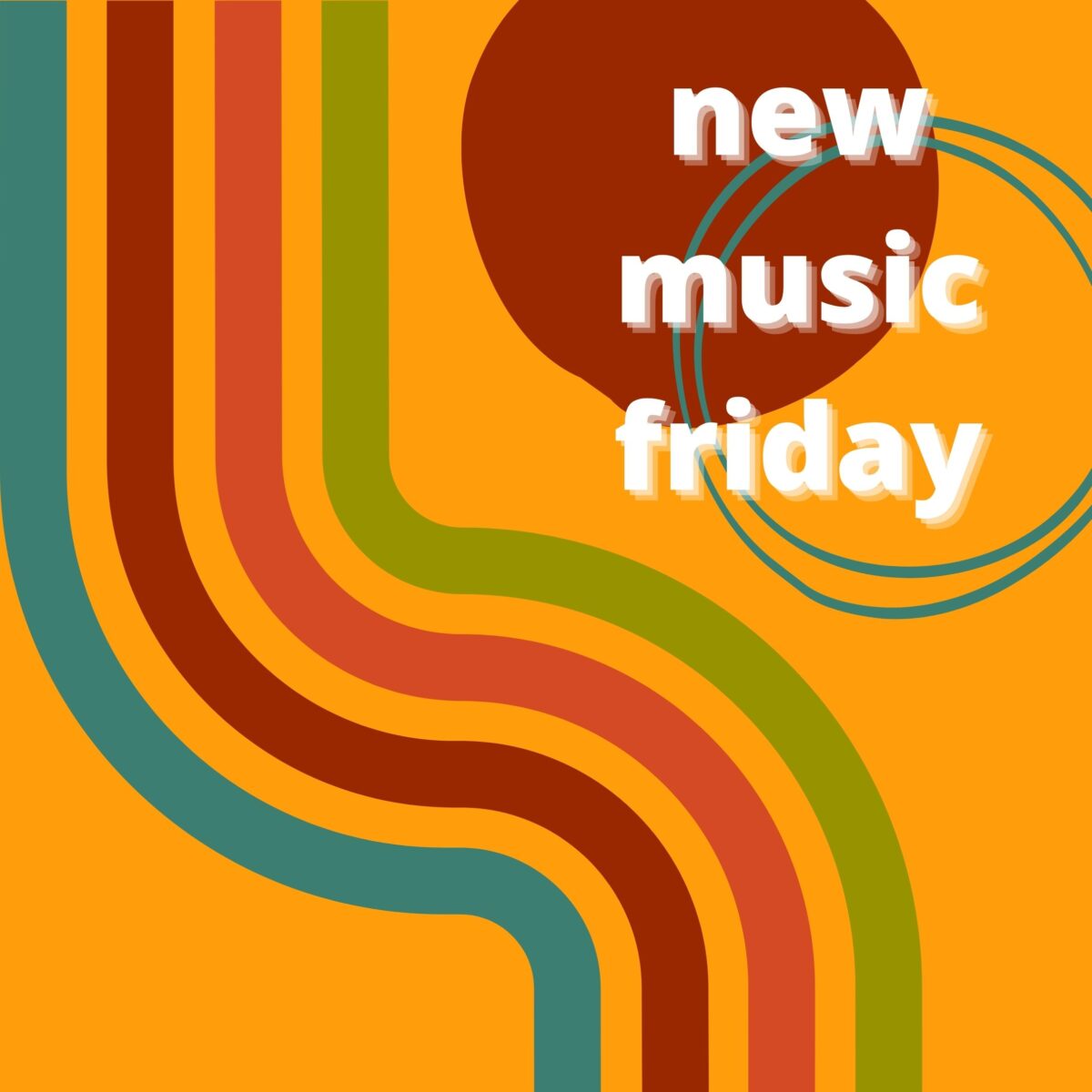 Orange background with blue red orange and green stripes. White text that reads "new music friday."