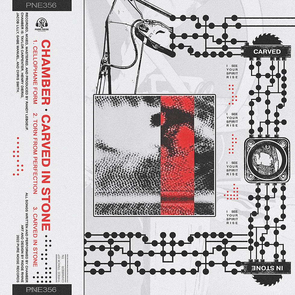 Carved in Stone EP cover by Chamber. Electrical grid with red and black designs and text on it.
