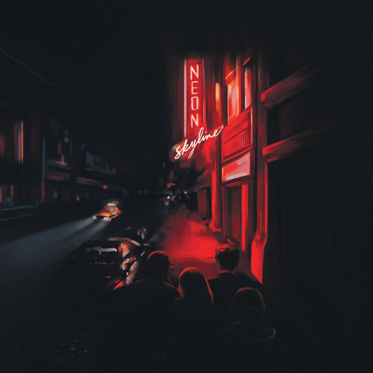 Neon Skyline by Andy Shauf album art. A red skyline with people's silhouettes in the foreground.