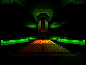 Cover image for the level: A shot in the dark. Features a large dark room with green lights lighting up platforms. 