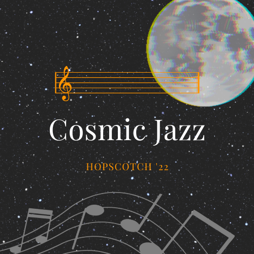 "Cosmic Jazz" cover picture with a moon and music notes floating through space