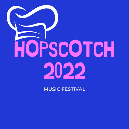 Hopscotch 2022 with blue background, pink lettering and chef hat.