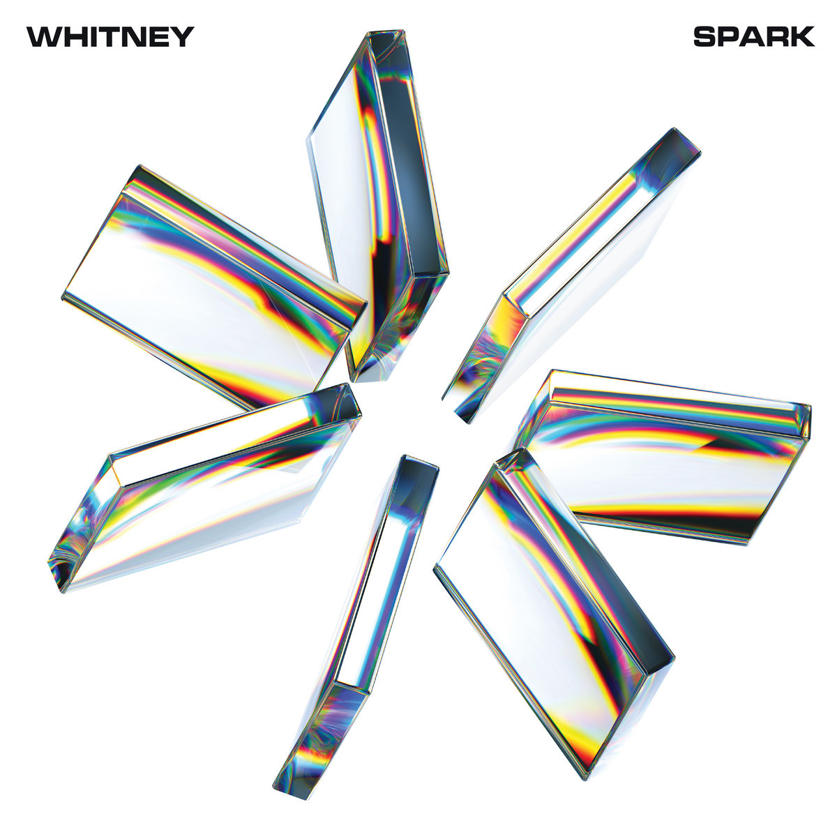 Whitney, "SPARK" album cover. Features 7 metallic squares floating around each other in a circle forming an asterisk-like shape.