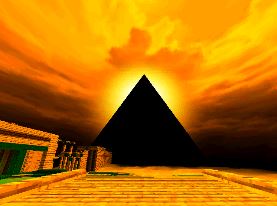 Cover image for the level: Slave to power. Features a pyramid with a sun behind it. 