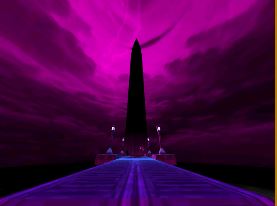 Cover image for the level: Bridgeburner. Features a dark pink sky with a tower looming in the distance. 