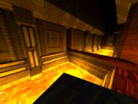 Cover image for the level: Cerberus. Features a hallway with a pool of lava. 