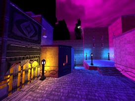 Cover image for the level: Death at 20000 volts. Features a city courtyard at night. 