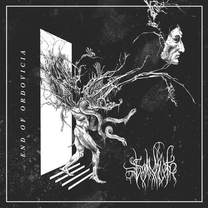 A black and white illusstration of a figure walking through a door. THe figure'shead is missing and there is a tangle of branches where the tree should be. There is also a free floating face in the upper right hand corner. Album cover of End of Ordovicia by Silurian.