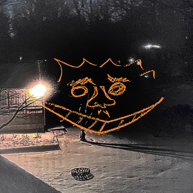 Album cover for Godspeed To by scubadiver. Features a picture of a snowy backyard. The image is overlayed with an orange smiley face.