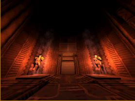 Cover image for the level: Into the Fire. Features a room with two statues in it. 