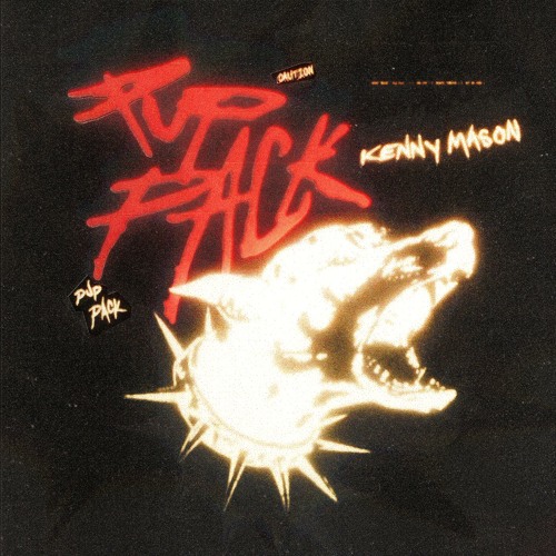 Pup Pack by Kenny Mason EP Art. Black bacgound with a glowing white image of a dog barking, the dog has a spiky collar on. Text that reads Pup Pack, Kenny mason, and Caution.