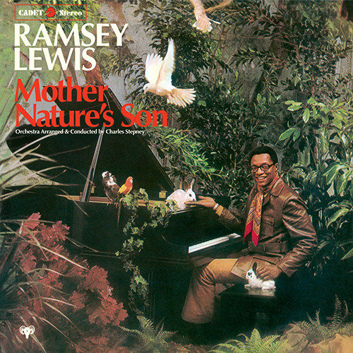Cover for Mother Nature's Son by Ramsey Lewis. Lewis sits at a piano in a forest with wildlife around him.
