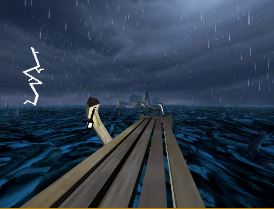 Cover image for the level: Waves of the Starless Sea. Features a boardwalk with a storming sea around it. 