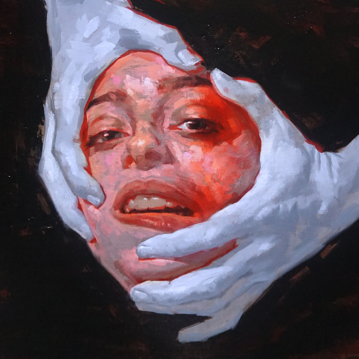 Image is a painting of a person's face, painted red, gripped by two hands, painted light blue.