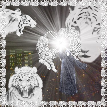 Cover art for White Tiger by 2hollis. Features several white tigers with a grim reaper in the background holding up the letter 2. The border of the picture is made up of many small white tigers walking in a line. A bright light is emanating from the number 2 that the reaper is holding up.