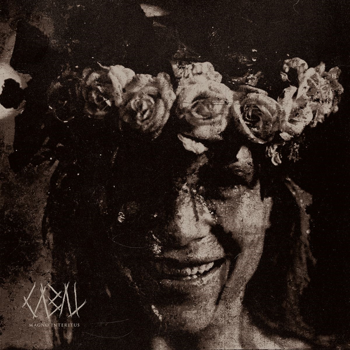 Cover art for "Cabal" by Exit Wound. Statue of a woman making an eerie smile and wearing a flower crown.