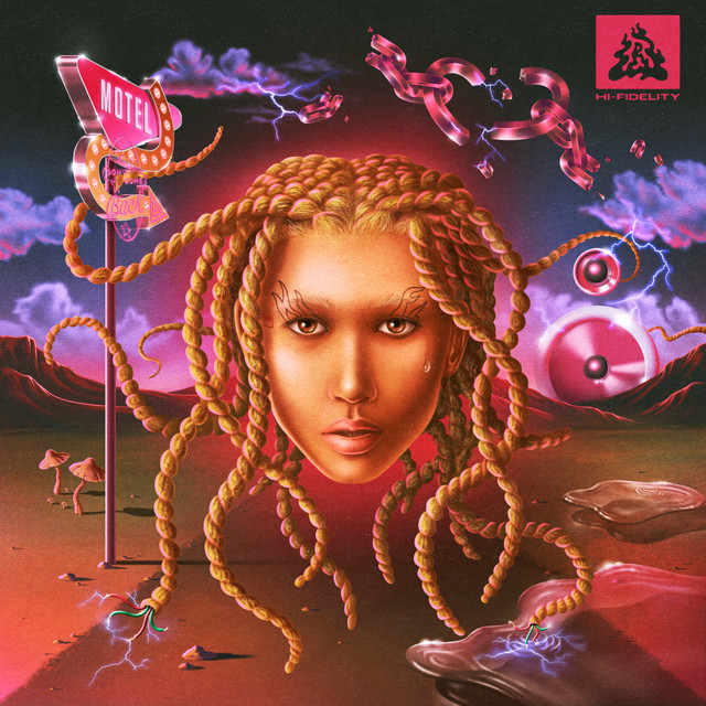 Album cover for Hi-Fidelity by Lava La rue. An illustrated depiction of a floating head with blonde twists with objects floating around her such as a motel sign, mushrooms, and discs.