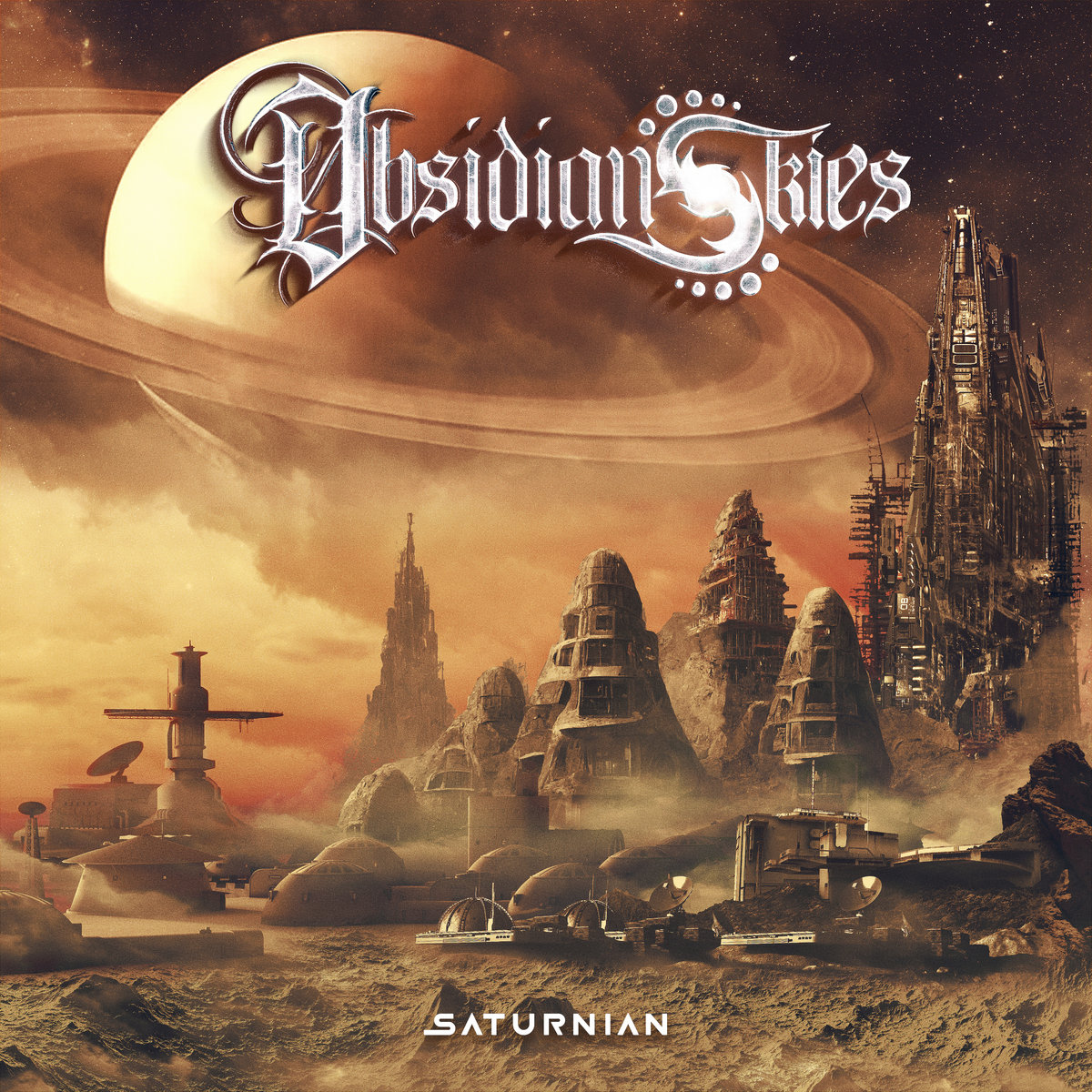 Album art for Obsidian Skies. A futuristic desolate landscape with Saturn in the background,