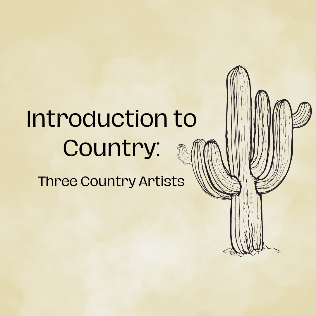 text: Introduction to country: three country artists, cactus on tan background
