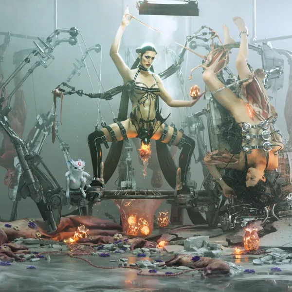 Cover art for Kick II by Arca. Multiple people in bondage in a laboratory setting.