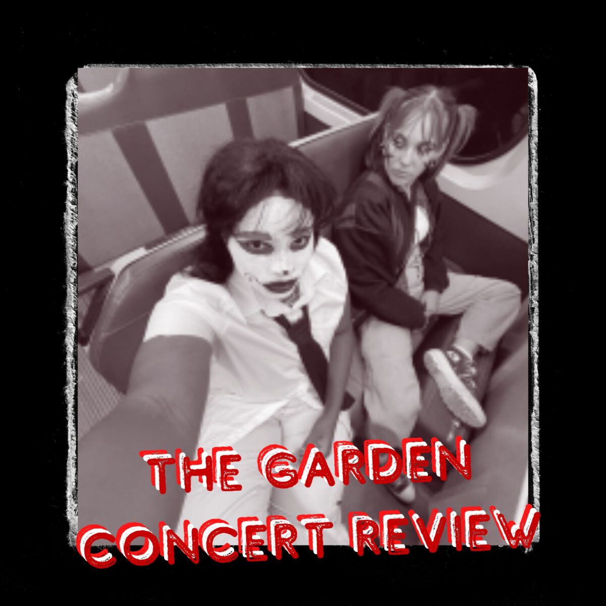Two people sitting on a train in clown makeup. Red text that reads The Garden Concert Review.