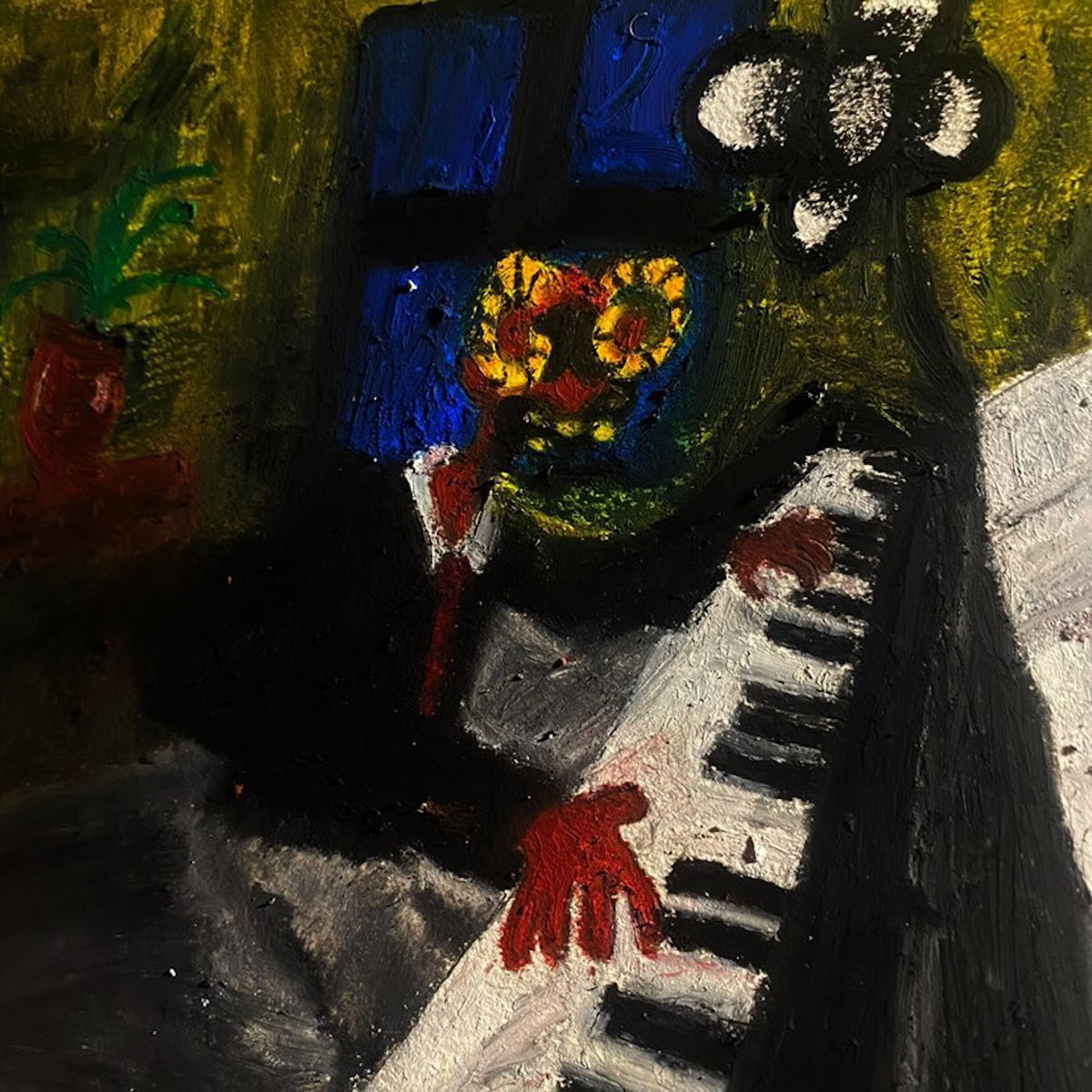 Cover art for The Horn of the Lamb by The Blackhearts. Oil pastels drawing of someone playing the piano.