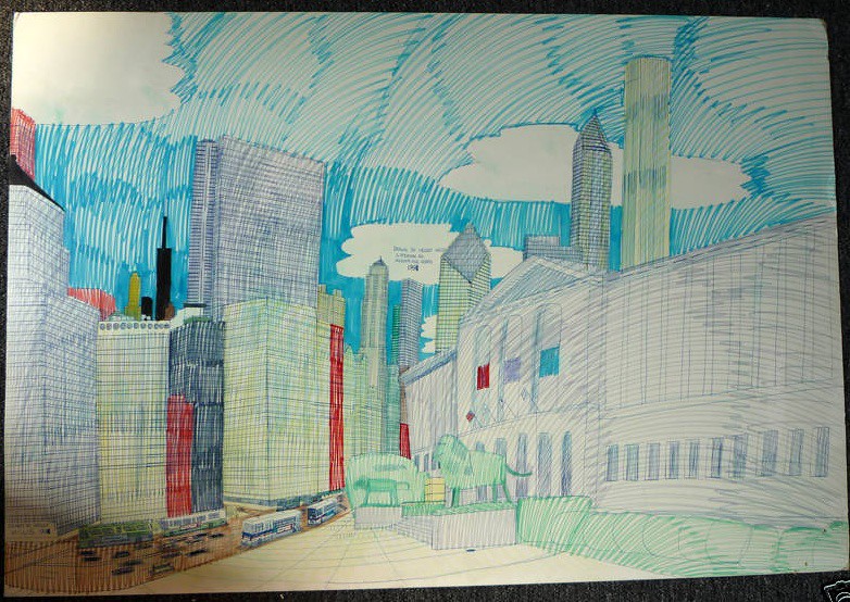 Marker drawing of Chicago featuring multiple skyscrapers and a government building.